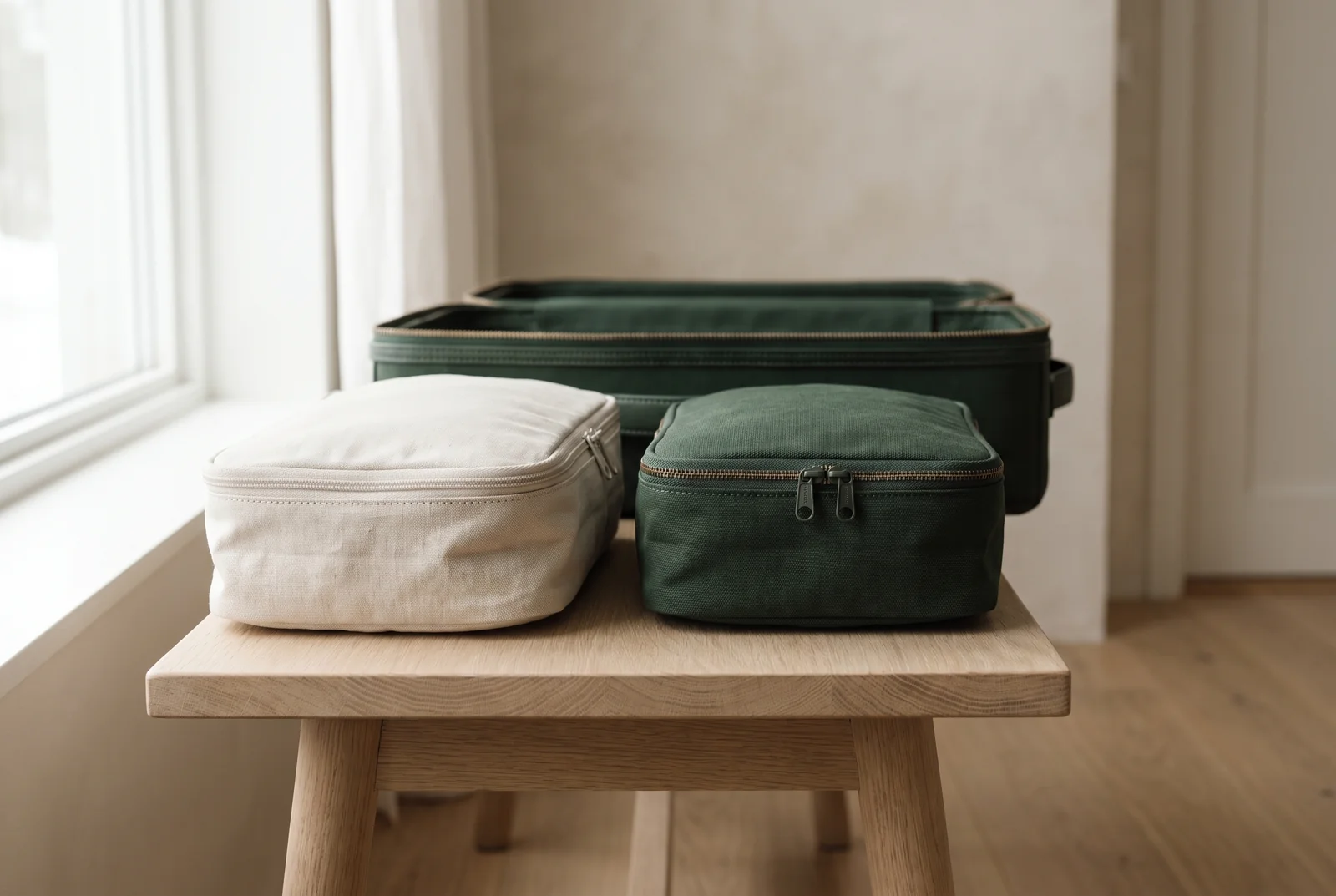 Two fabric packing cubes with different packed depths beside an open green suitcase.
