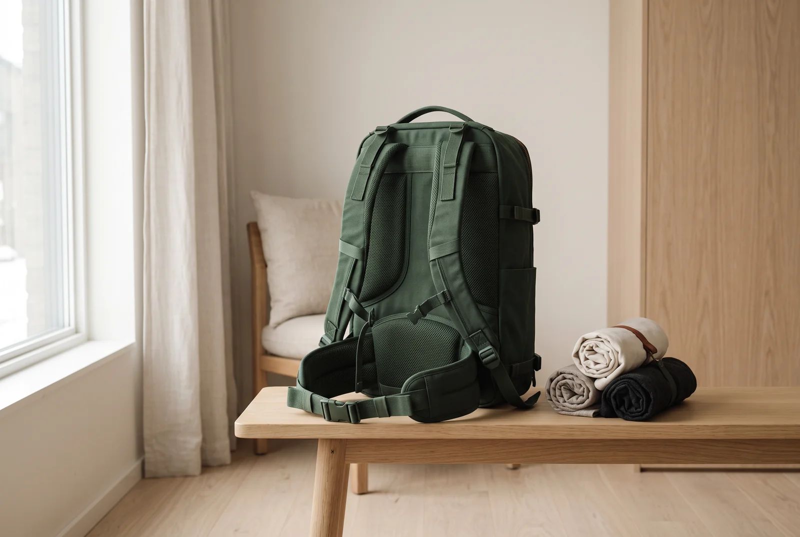 The harness and straps of a green travel backpack beside rolled clothes.