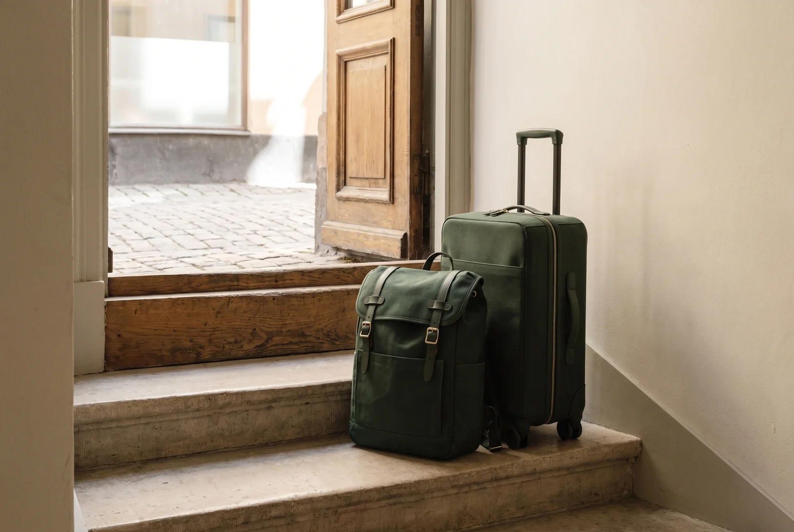 A green backpack and rolling suitcase beside stone steps and a cobbled doorway.