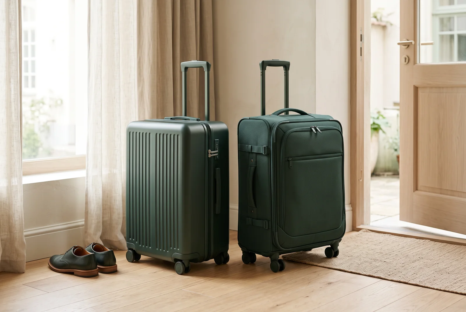 Rigid and fabric deep green cabin cases beside a pale oak packing bench.
