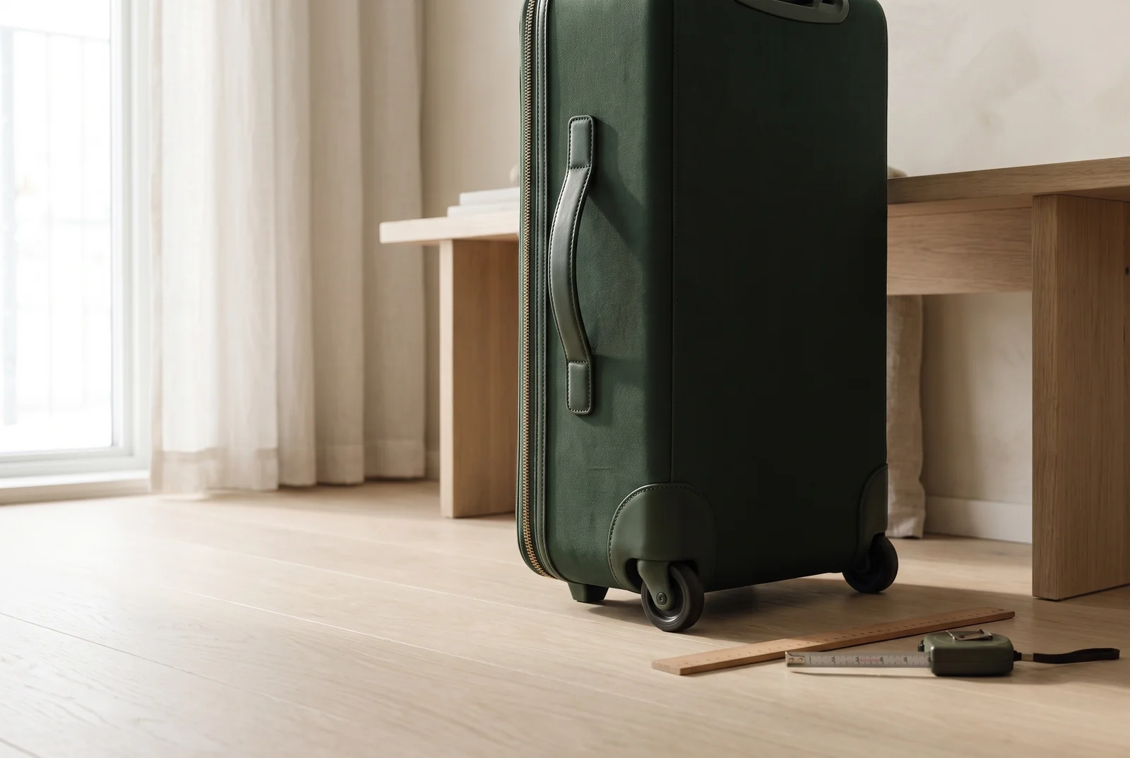 A green suitcase’s wheels and side handle beside a ruler and tape measure.