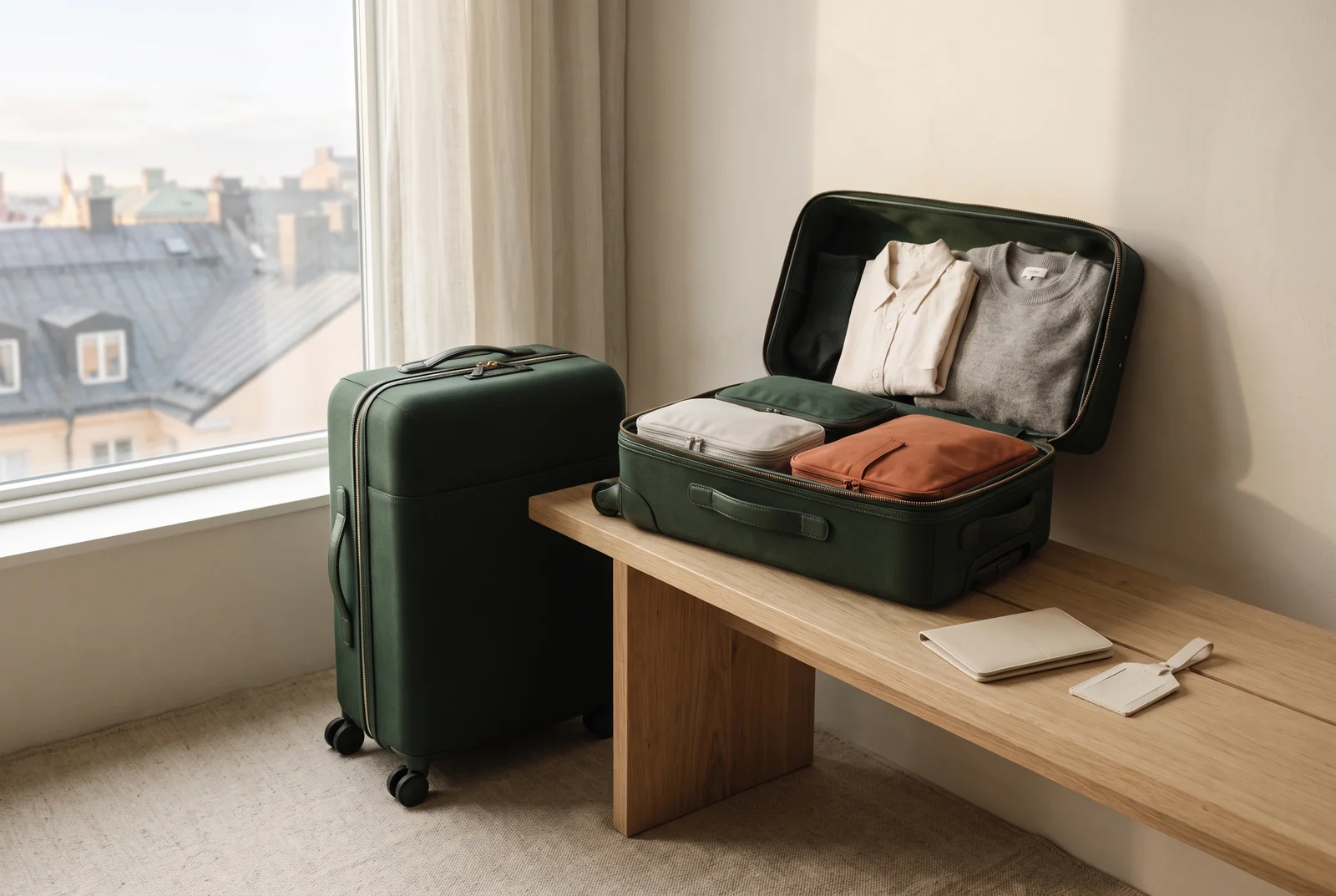 Green travel cases and a plain document wallet beside an apartment window.