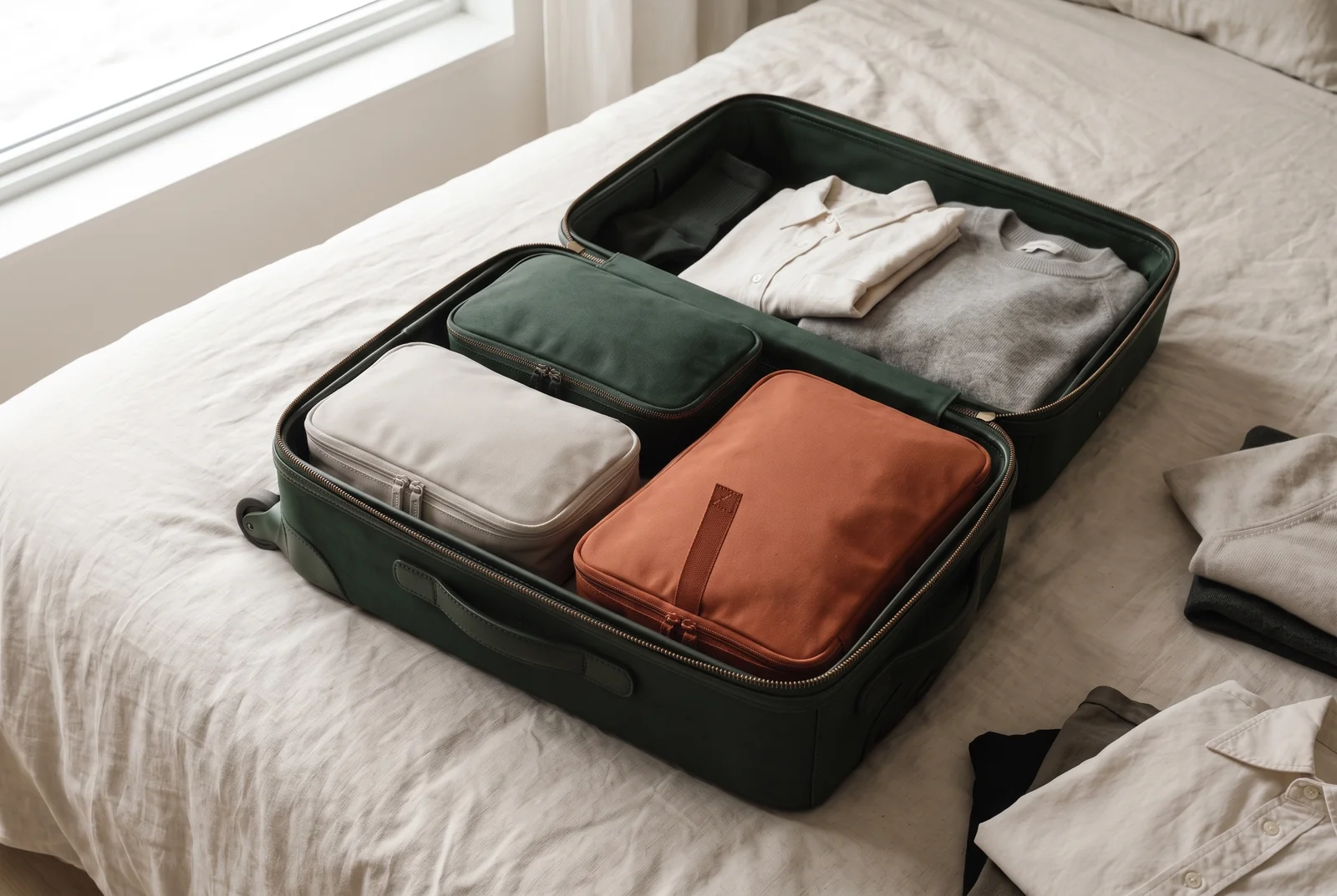 An open green carry-on packed with fabric cubes and a compact wardrobe.