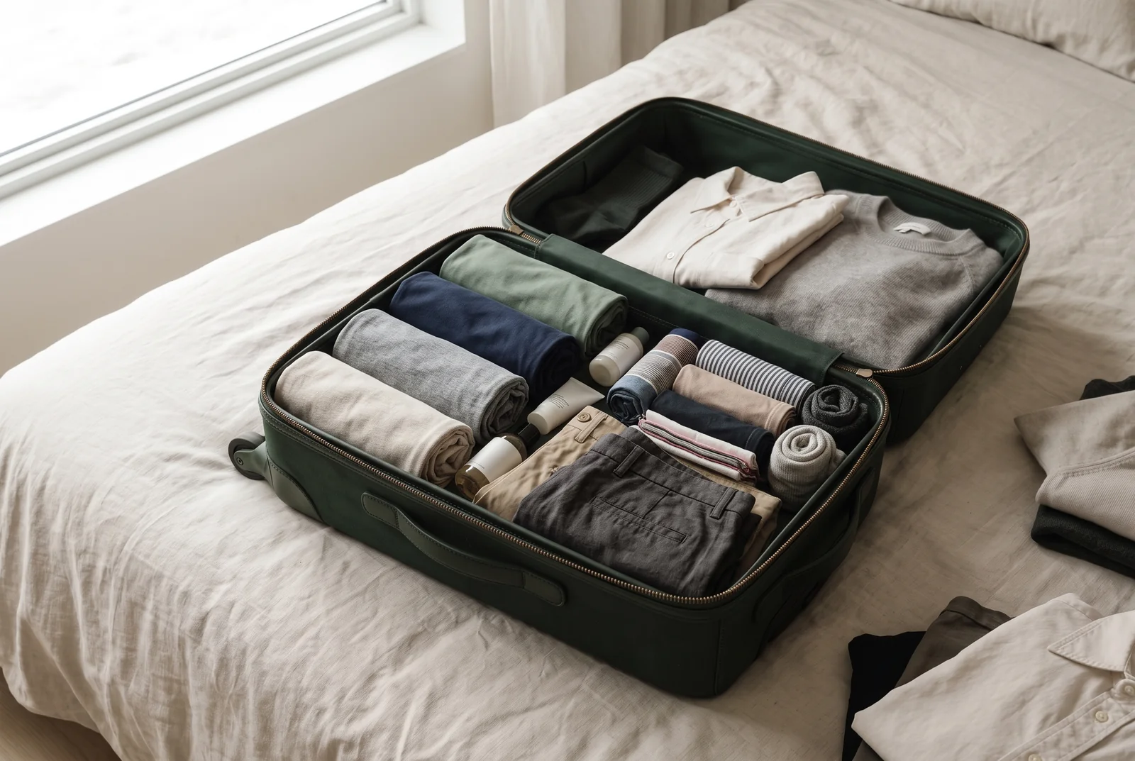 Folded and rolled clothes arranged in an open green suitcase.