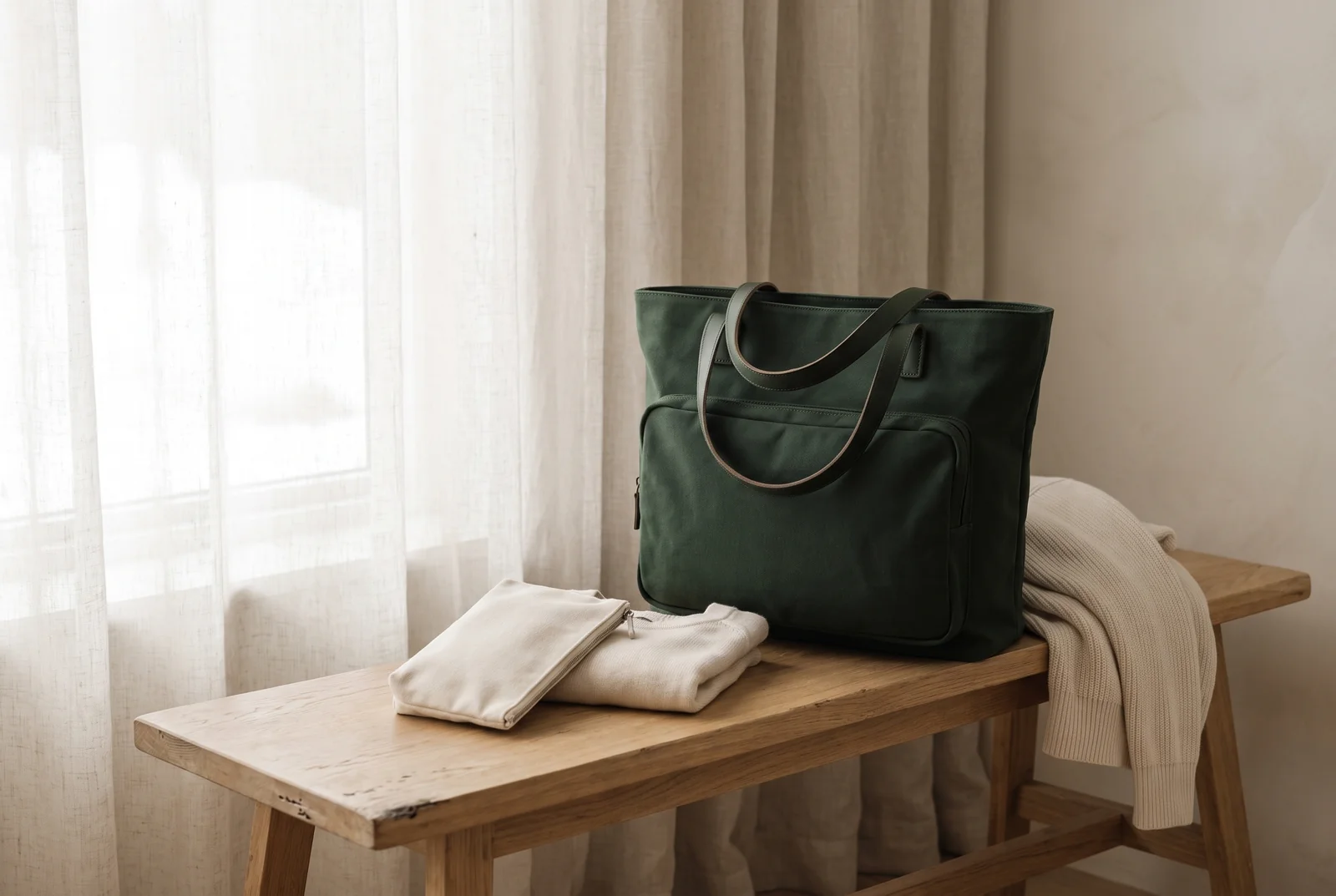 A green travel tote beside folded cream garments on an oak bench.