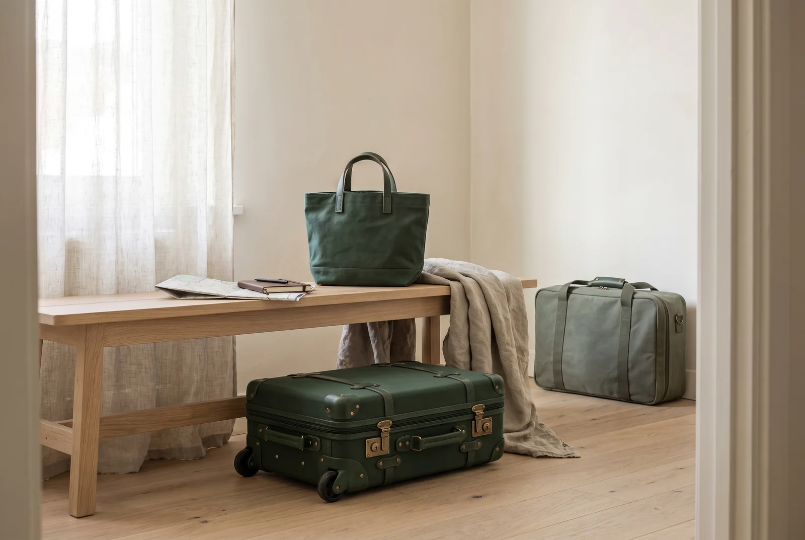 A green tote and two larger travel bags beside a pale oak bench.