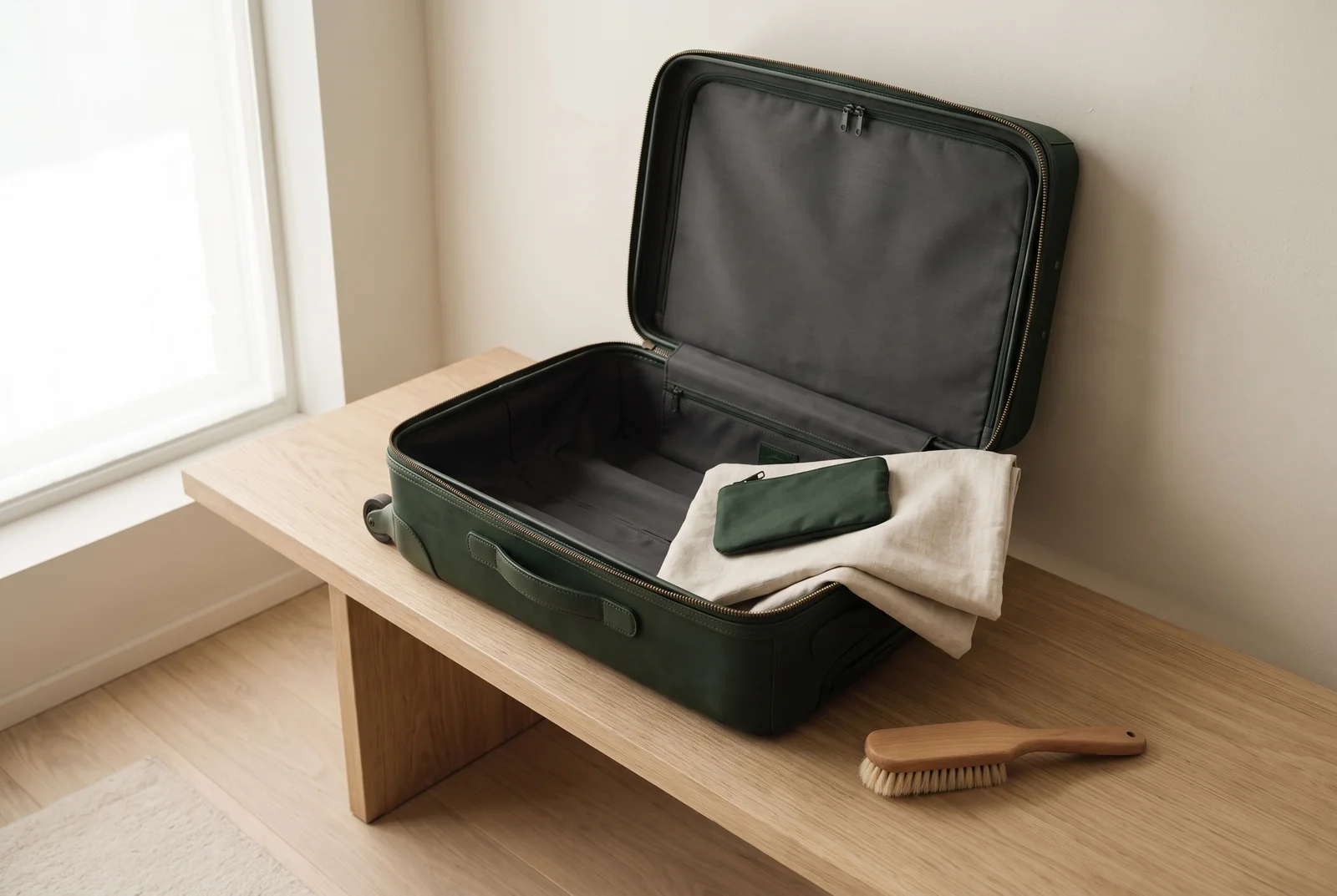 An empty open green suitcase beside a folded linen cover and soft brush.