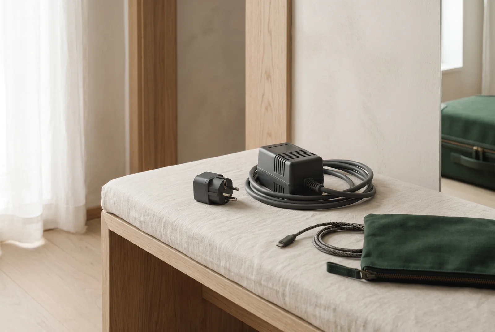A disconnected plug adapter and larger converter beside a travel pouch.