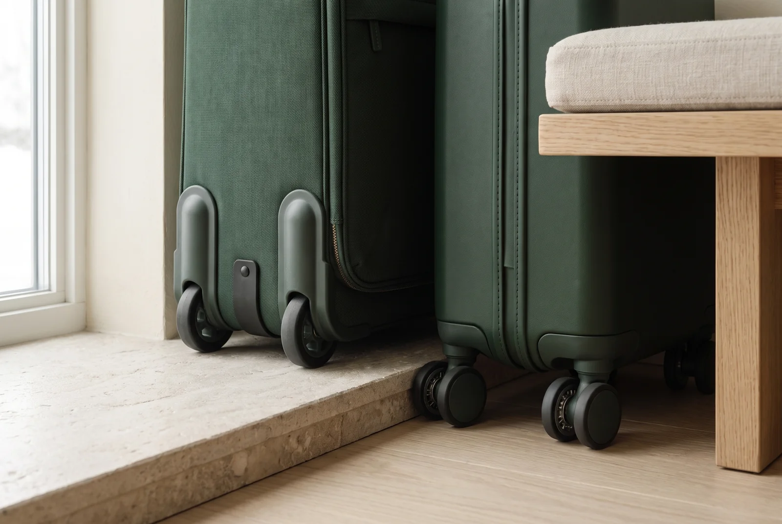 Close view of recessed suitcase wheels and spinner casters at a stone threshold.