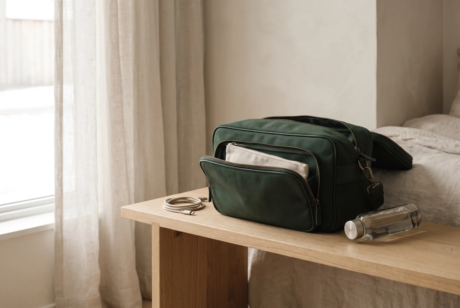 A compact green travel bag with a document pouch, charger and bottle arranged nearby.