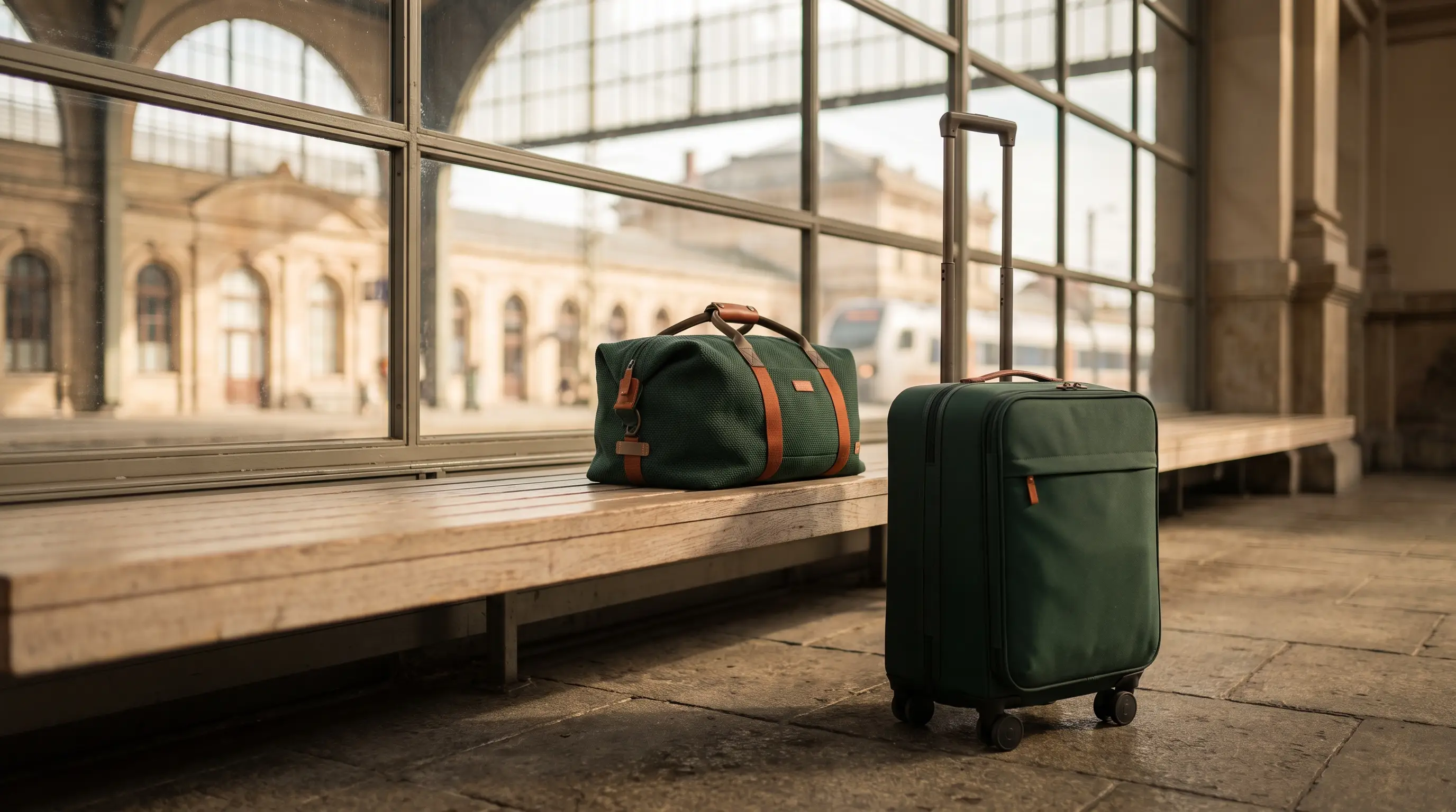 A green carry-on case and woven travel bag beside a sunlit station window